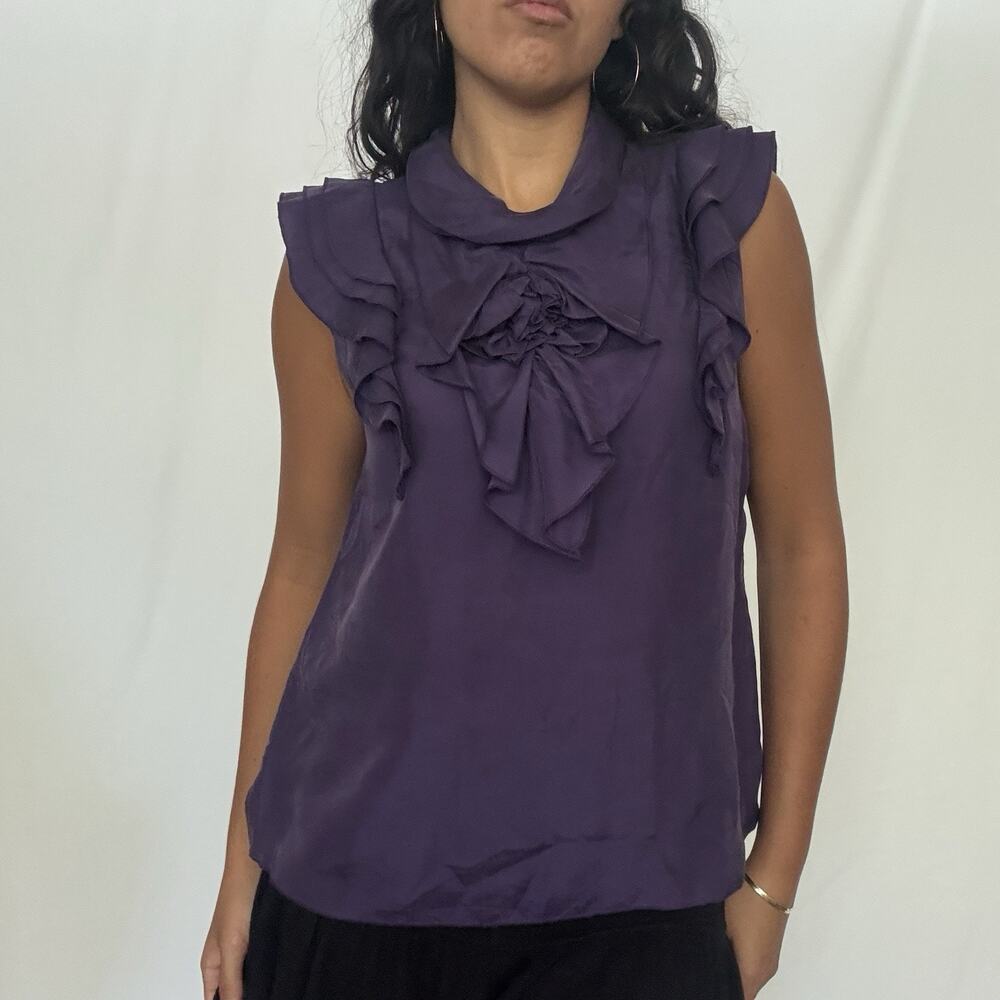 Y2K 100% Silk Ruffle Blouse Sleeveless Tank Top Women’s M Purple Keyhole Back